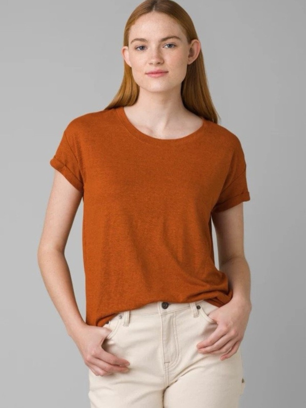 prAna Cozy Up Crewneck Tee in Rust Orange